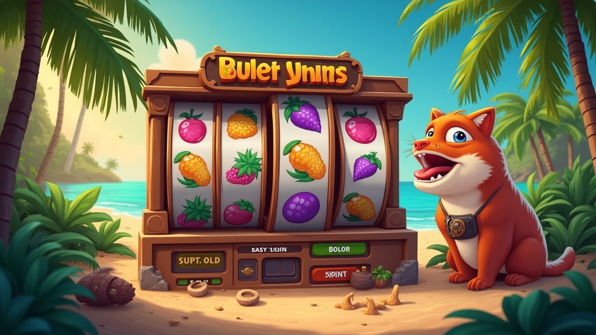 Spieler dreht Walzen in einer animierten tropischen Umgebung.