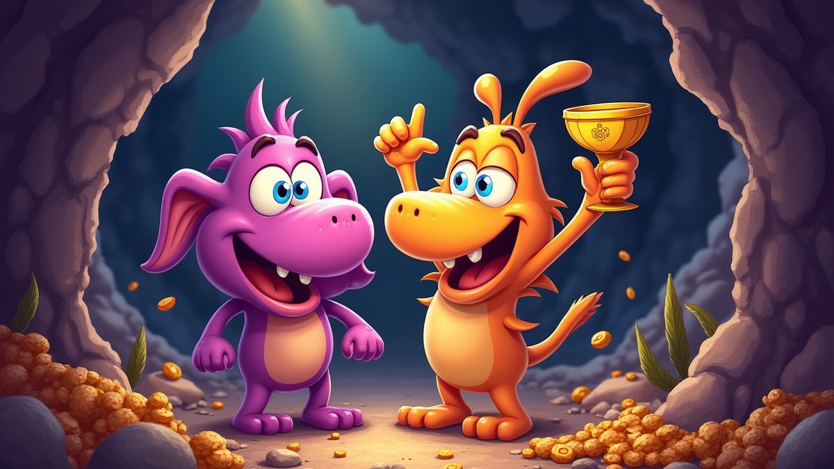 Zig und Zag feiern einen großen Gewinn in einer schatzgefüllten Höhle.
