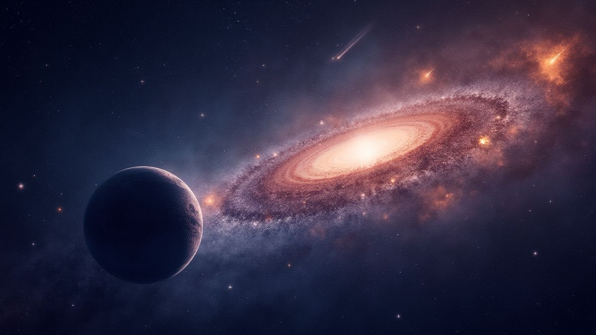 A starry galaxy with bright planets and comets.