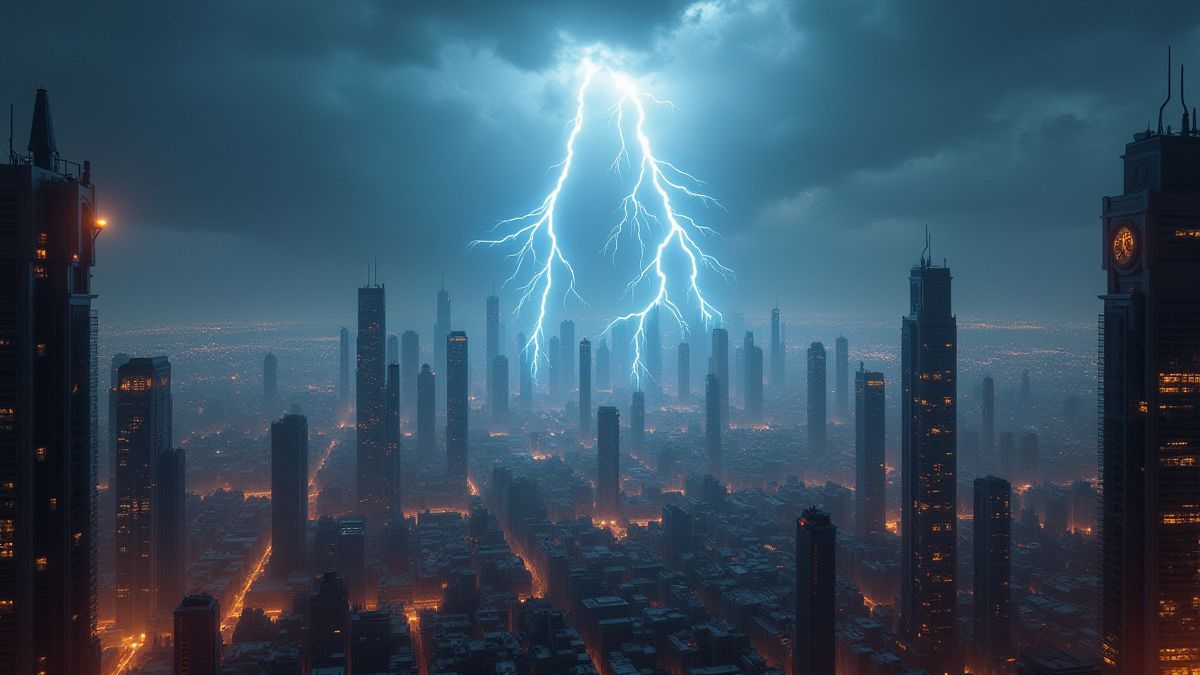 Une ville futuriste sous attaque avec des éclairs frappant des bâtiments.