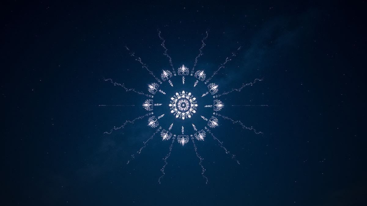 Night sky with constellations and a glowing zodiac wheel.
