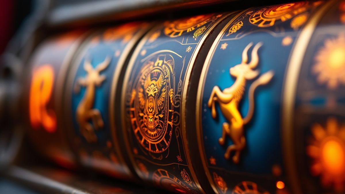 Slot reels with zodiac symbols like Aries and Gemini.