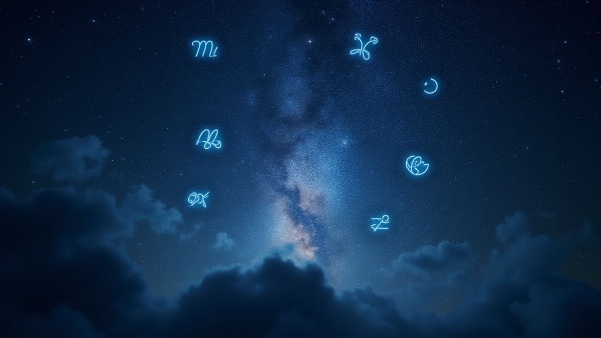 Vista cósmica con símbolos zodiacales y estrellas brillando en el cielo nocturno.