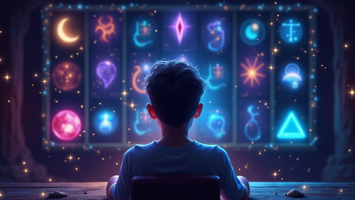 Jugador disfrutando de un juego de slot cósmico con símbolos zodiacales.
