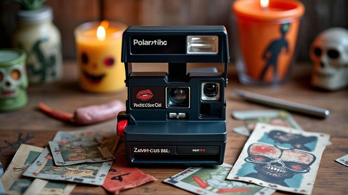 Una cámara Polaroid rodeada de objetos temáticos de zombies.