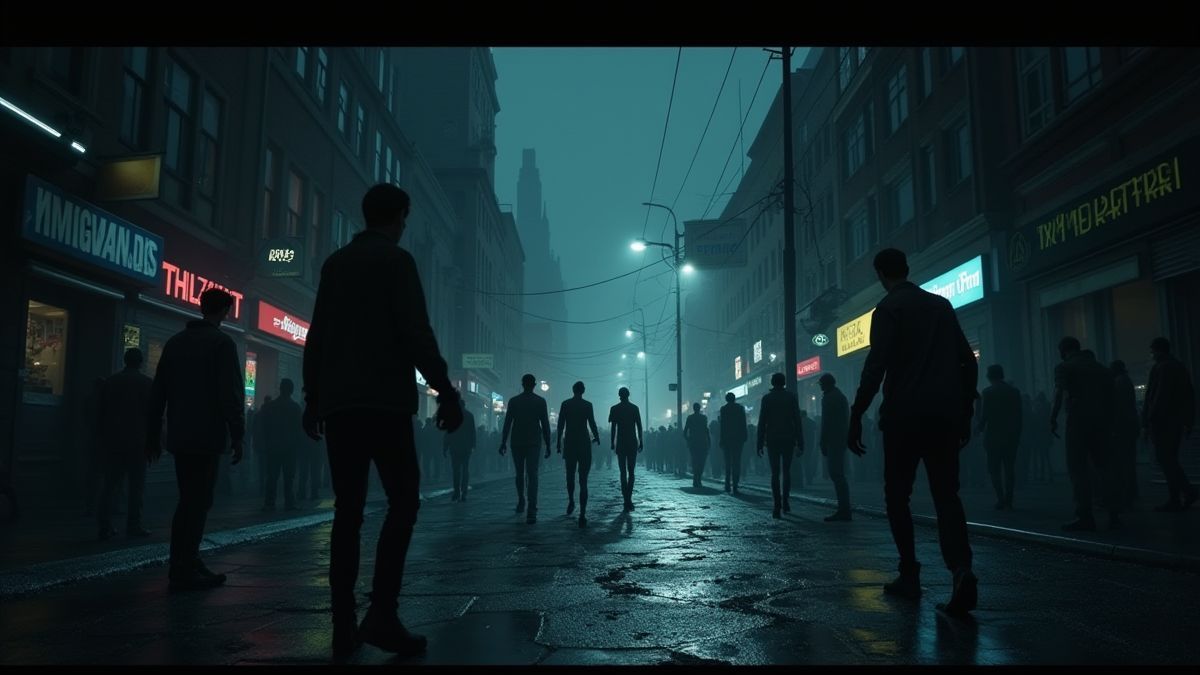 Calle oscura con zombis acechando en las sombras.