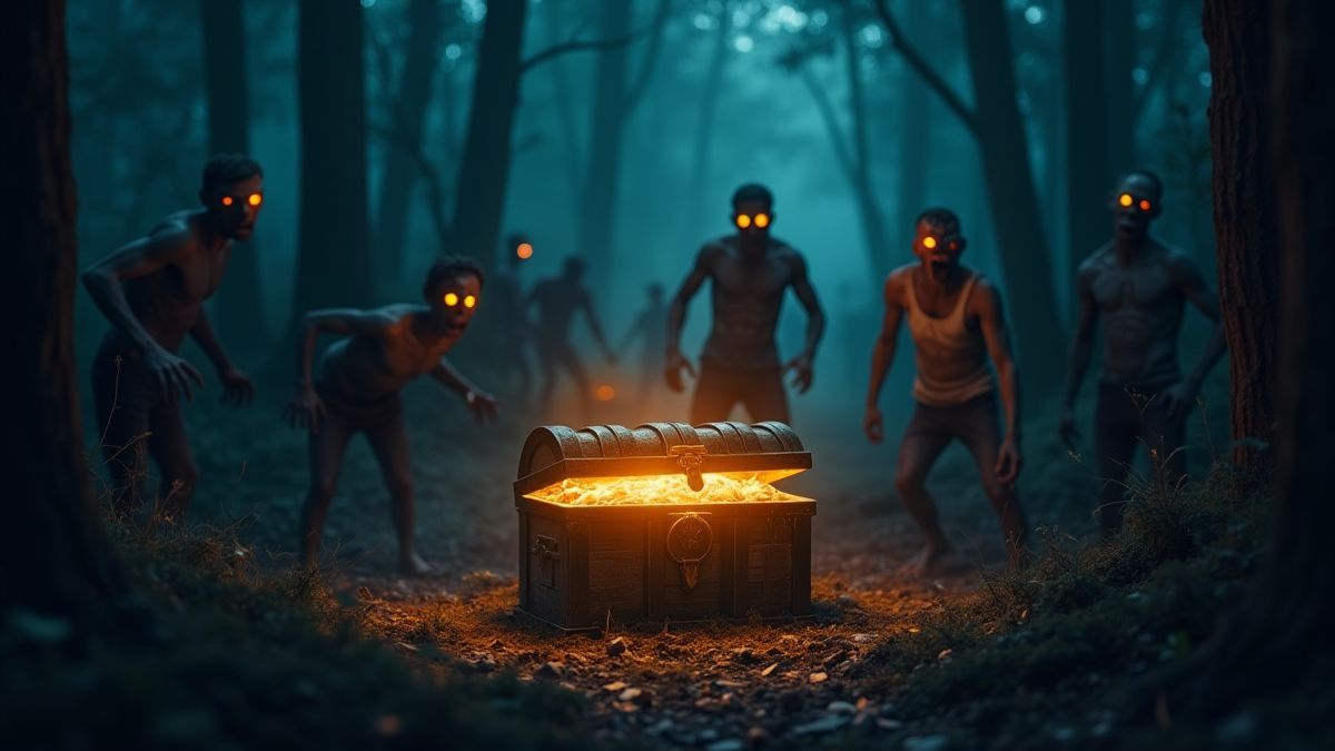 Cofre do tesouro rodeado de zumbis em um bosque escuro.