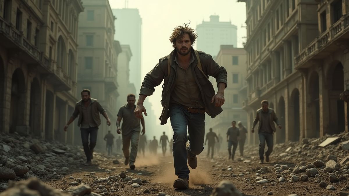 Supervivente huyendo de zombis em uma cidade destruída.