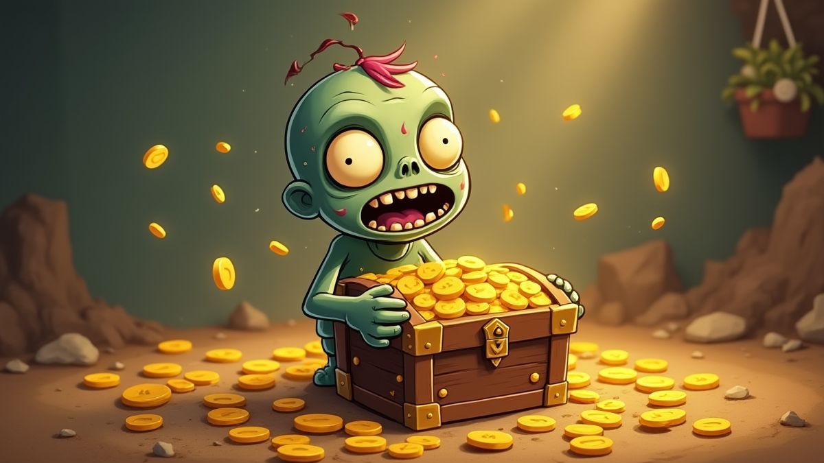 A cartoonish zombie holding a treasure chest surrounded by gold coins.