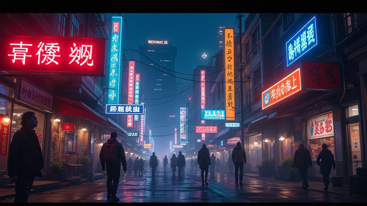 A nighttime urban landscape with neon signs and zombies walking around.