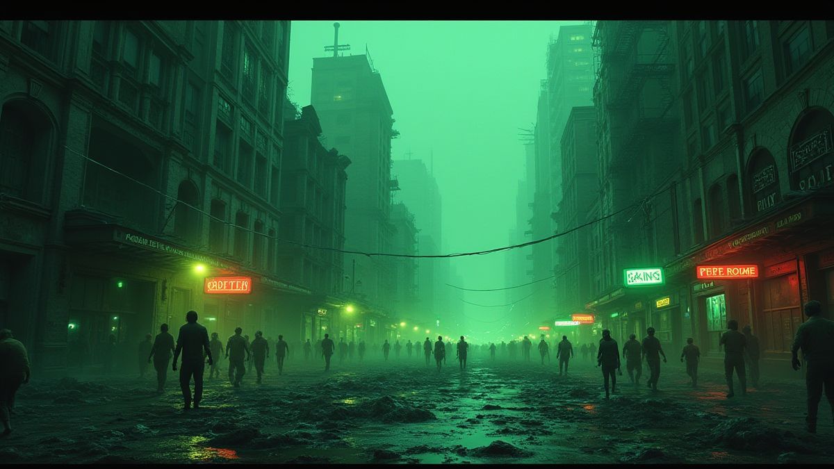 Uma cidade em ruínas com zumbis vagando por ruas e luzes verdes brilhantes.