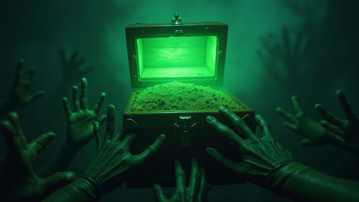 Um baú do tesouro assustador iluminado em verde cercado por mãos de zumbis.