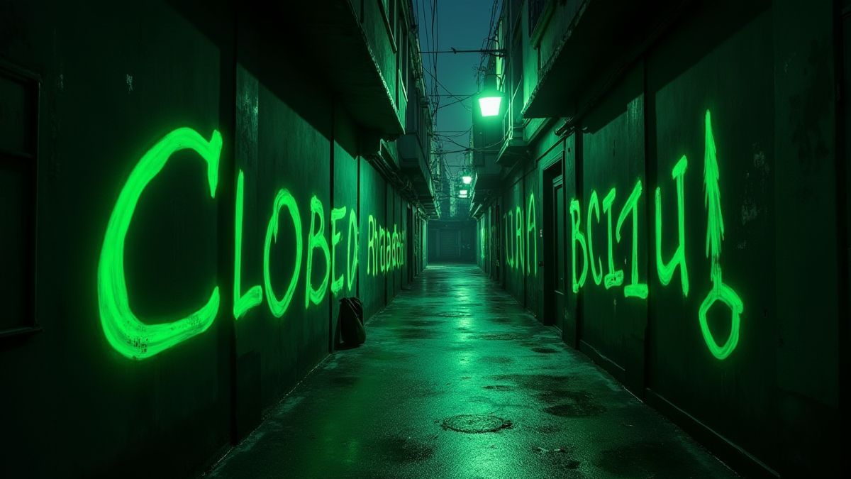 Um beco assustador com grafites verdes brilhantes e sombras de zumbis nas paredes.