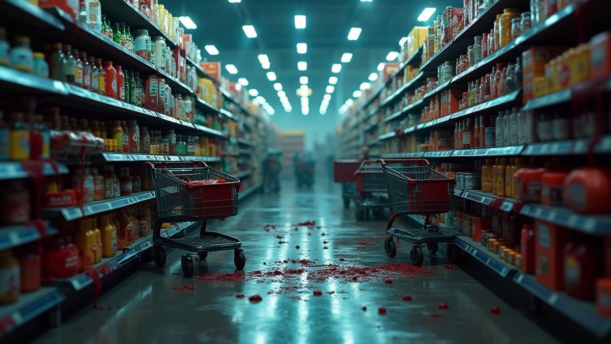 Supermarket aisle with zombie theme.