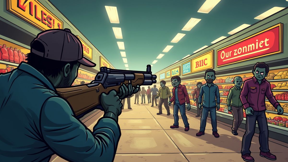 Player aiming at zombies with a cartoonish shotgun.