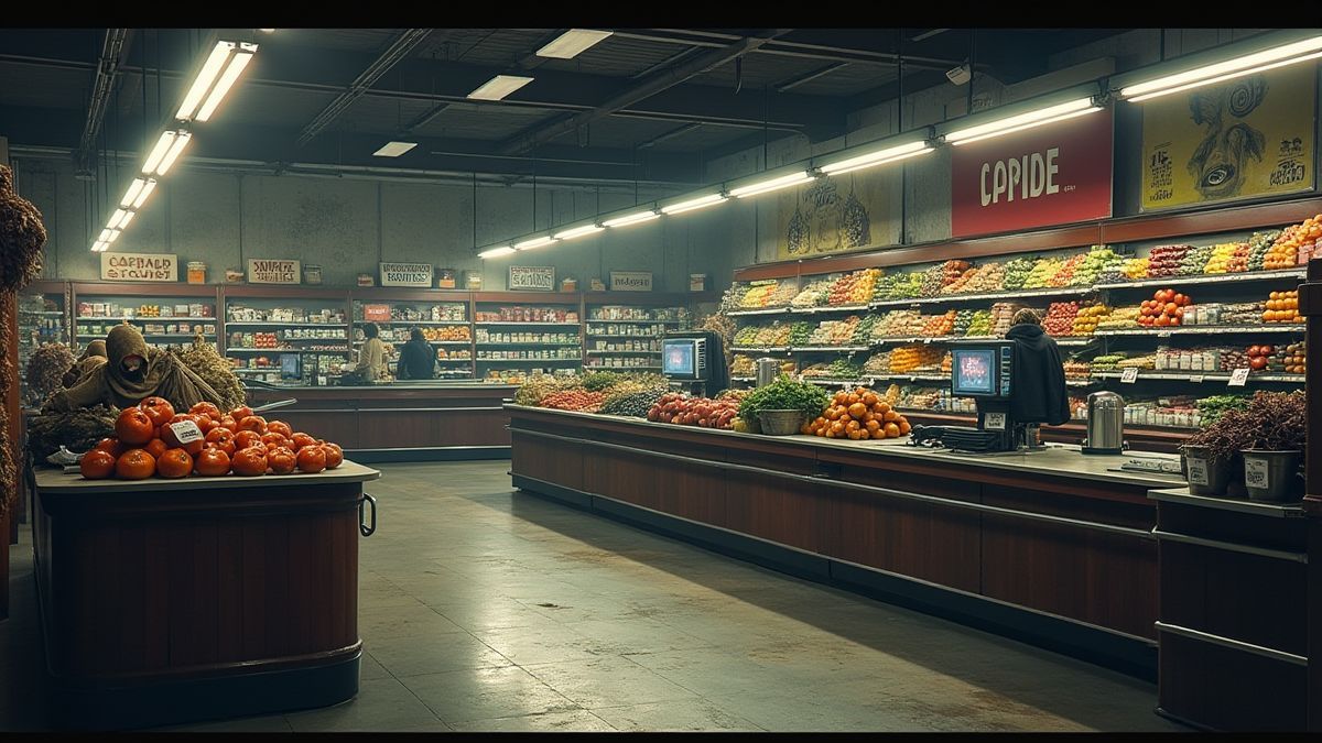 Checkout area of a supermarket with zombie-themed decorations.