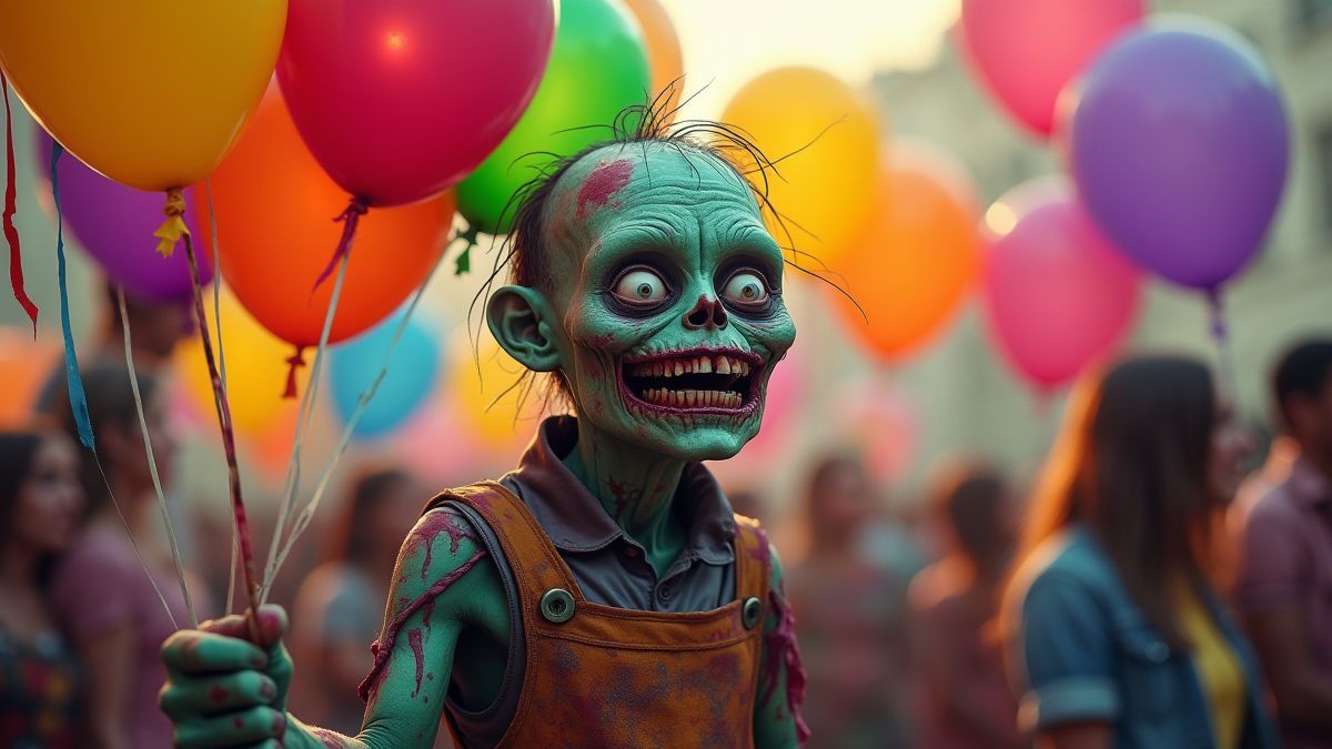 Zombie holding balloons at a party.