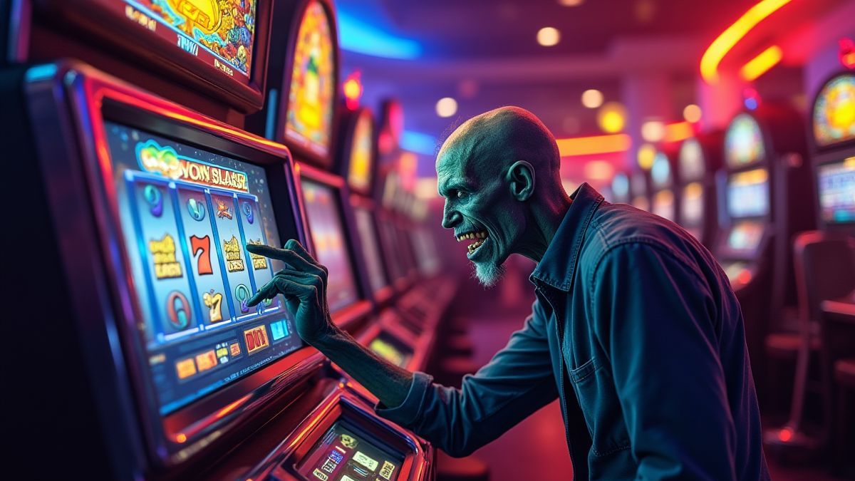 Zombie playing at a slot machine.