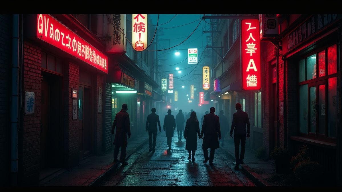 Un callejón postapocalíptico lleno de zombies y señales de neón.