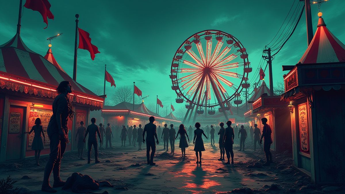 Un carnaval infestado de zombies con atracciones rotas.