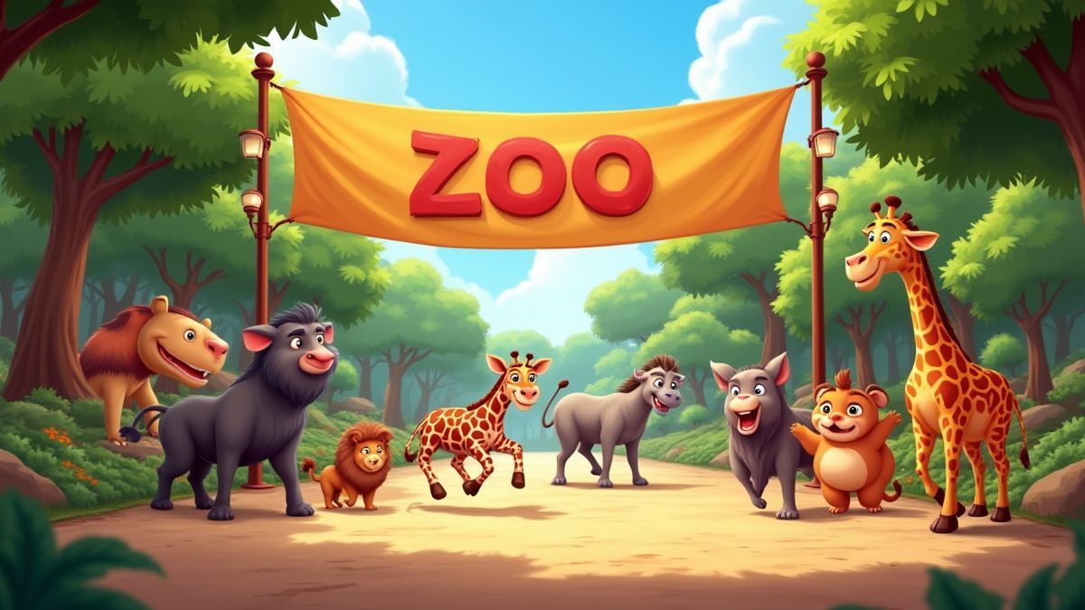 Entrée d'un zoo animé et coloré.