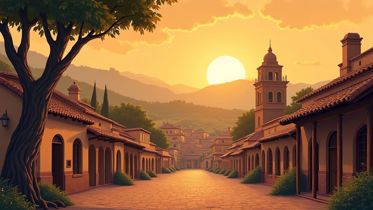 Uma vila espanhola colonial com a silhueta de Zorro ao fundo.