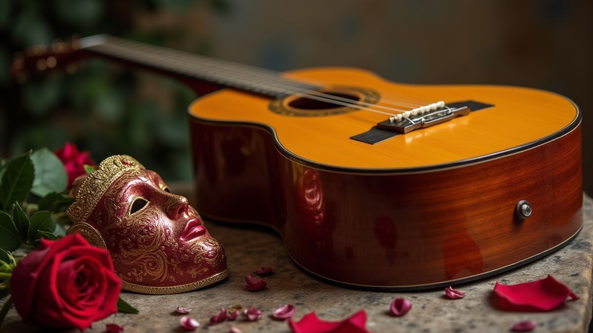 Spanish guitar next to roses and a mask