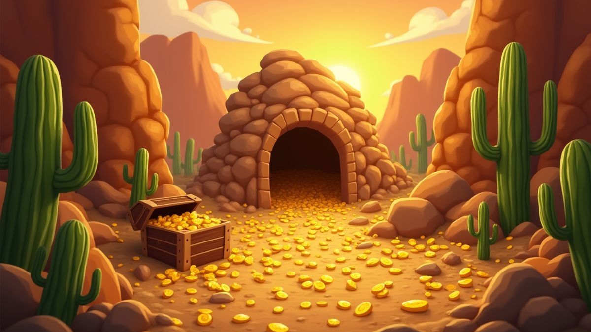 Animierte Goldmine umgeben von Kakteen und Schatztruhen.