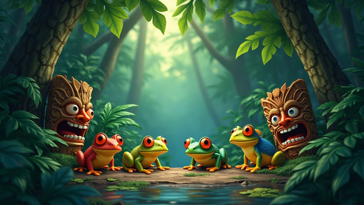 An animated jungle scene with colorful frogs and tiki masks.